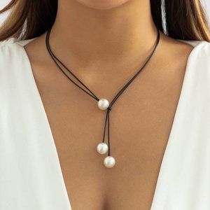 3 LARGE SIMULATED‎ DROP PEARL CHOKER NECKLACE WITH BLACK LEATHER CORD, NEW, BOHO